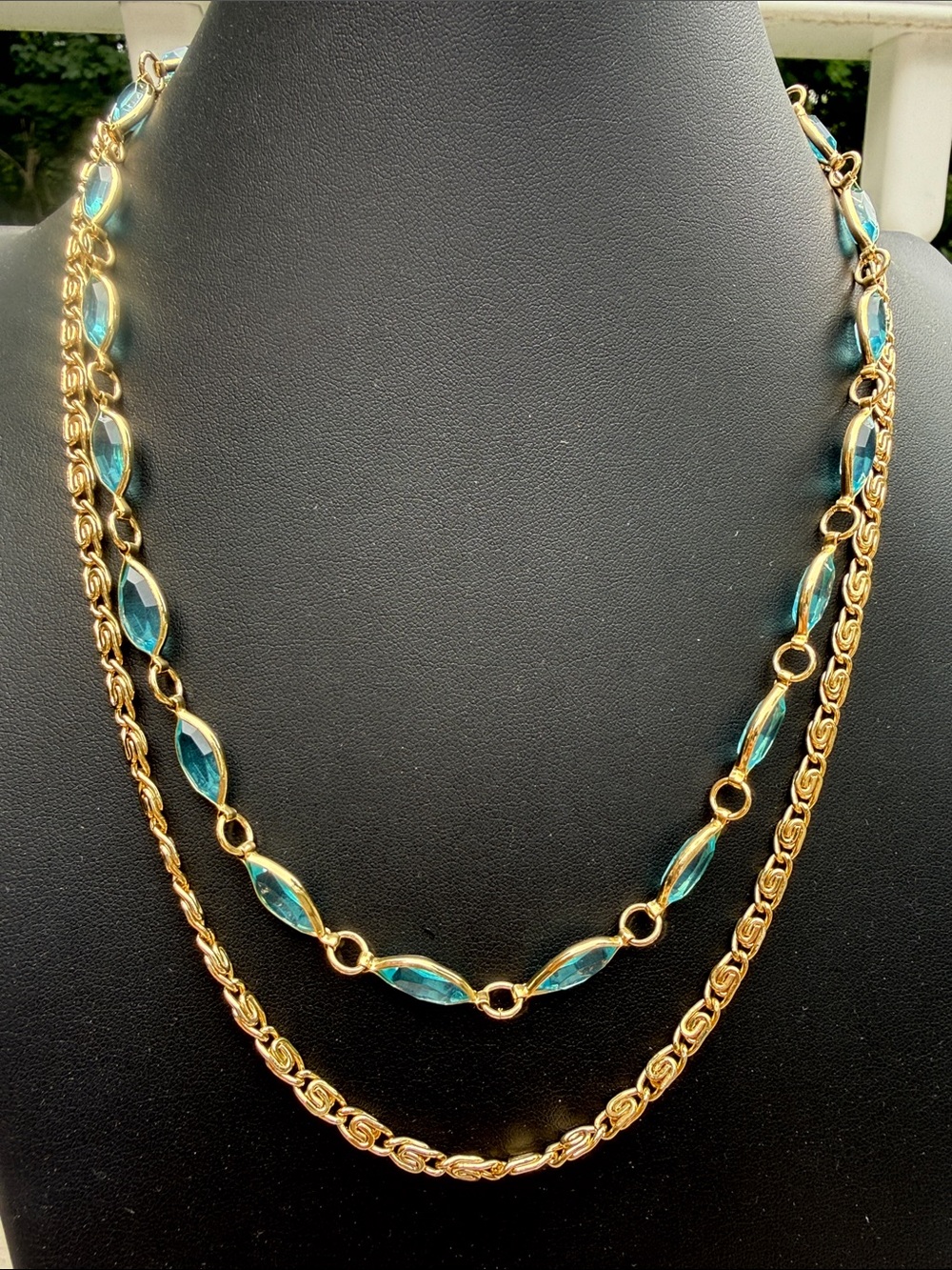 Vintage 1970 layered gold-tone metal chain with aqua navette glass stone Korea
